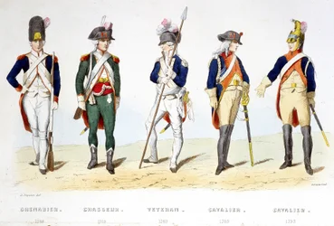 Uniforme militaire sous la révolution 1789: grenadier (1789), chasseur (1789), vétéran (1789), cavalier (1789), cavalier (1793) - dans "Fastes des Gardes nationales de France"