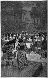Molière et sa troupe jouant devant le roi Louis XIV et le cardinal Jules Mazarin (Giulio Raimondo Mazzarino ou Mazarino) (1602-1661). Gravure dans « Le Monde Illustré » 1886.