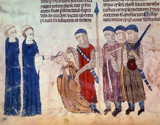 Moine tondu en punition pour sa débauche. Miniature du manuscrit « Coutumes de Toulouse » (Folio 33V)