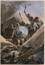 Invasions maures au Moyen Âge : les Francs menés par Charles Martel attaquent le camp militaire des Sarrasins lors de la bataille de Tours (bataille de Poitiers), arrêtant l