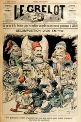 Dinde moribonde et puissances étrangères se battant pour ses bottes, couverture "Le Grelot" 21/2/1897