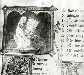 Ms.3142 fol.256 Marie de France (fl. XIIe siècle) écrivant, d