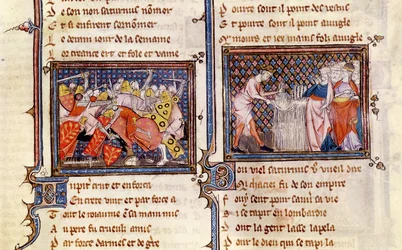 Ms 1044 fol.20 Jupiter contre Saturne : Saturne enseignant aux Lombards comment utiliser une faucille, d
