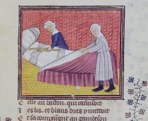 Ms 1130 fol.83r Chasteté et Pauvreté faisant un lit, du Roman des Trois Pèlerinages par Guillaume de Digulleville