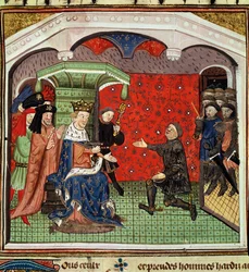 Ms. 1142 fol.4 Bertrand du Guesclin (c.1320-80) devant Charles V (1338-80) et sa cour