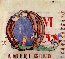 Ms 170 fol.59 Initiale historiée Q représentant des moines coupant du bois, de Moralia in Job par le Pape Grégoire le Grand