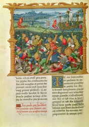 Ms 18 f.73v Le roi Édouard III en guerre à la bataille de Crécy en 1346, des Mémoires de Philippe de Commynes (1445-1509)