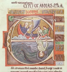 Ms 1 Fol.196v Initiale historiée E représentant Jonas jeté à la mer, de la Bible de Souvigny, fin du 12e siècle