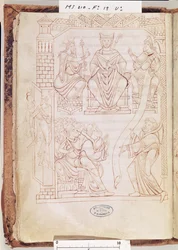 Ms 210 fol 19v. Cartulaire de Mont Saint-Michel : Le duc Richard II de Normandie offrant des terres et des privilèges au monastère du Mont St. Michel, 1150s