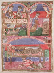 Ms 250 f.24r Sainte Radegonde à la table de Clotaire Ier, dans son oratoire et aux pieds du lit royal, de la Vie de Sainte Radegonde