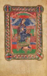 Ms 250 fol.43v Sainte Radegonde (518-87) sur un trône, de la Vie de Sainte Radegonde