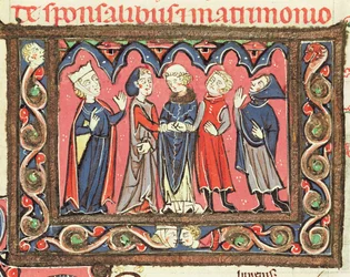 Ms 364 fol.166 Un mariage, illustration des commentaires de Johannes Andreae sur les Décrétales papales