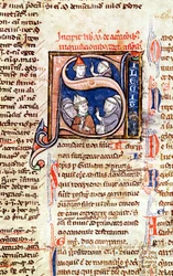 Ms 365 fol.350 Initiale historiée S représentant le pape Grégoire IX (1220-50) avec des évêques et des abbés, des Décrétales de Grégoire IX