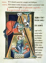 Ms 3 fol.233 Initiale historiée A représentant Daniel dans la fosse aux lions, de la Bible de Saint-Sulpice de Bourges