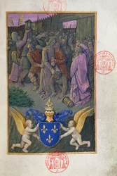 Ms 473 Judas embrassant le Christ, miniature des Heures de Charles de France, vers 1466-69