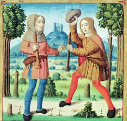 Ms 493 f.10v Les bergers Dametas et Menalcas se défiant dans un concours musical, des Bucoliques de Virgile avec un commentaire de Servius, 1469