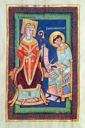 Ms 501 Fol.58 St. Amand rendant un parchemin à St. Baudemond, de la Vie et Miracles de St. Amand par St. Baudemond