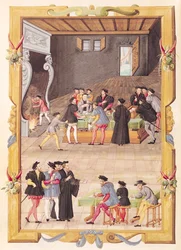Ms 5169 f.2v Les Notaires et les Secrétaires du Roi dans la Salle du Collège des Notaires et Secrétaires du Roi
