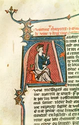 Ms 682 fol.17v Initiale historiée A représentant un roi assis tenant une épée à double tranchant
