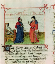 Ms Fr 12476 fol.98 Guillaume Dufay (d.1474) et Gilles Binchois (d.1460) du Champion des Dames de Martin le Franc (1410-61) 1440