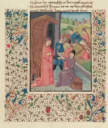 Ms Fr 396 fol.80v Un médecin traitant des fractures, de La Grande Chirurgie par Guy de Chauliac