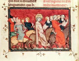 Le roi dictant ses heures à cheval, de la Vie et Miracles de Saint Louis, c.1330-40