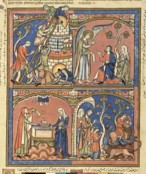 Ms M 638 fol.14r Abimélech et Samson, de la Bible de Morgan, vers 1244-54