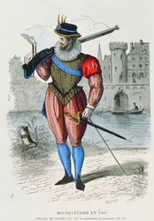 Mousquetaire en 1586, illustration de Costumes de Paris à travers les siècles par H. Gourdon de Genouillac, gravée par A. Renard