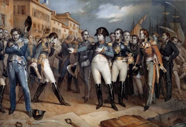 Napoléon Ier (1769-1821) confié à la loi britannique et se rendant le 14/07/1815. Lithographie vers 1815. Île d