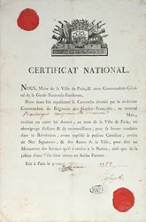 Certificat national de bonne conduite pendant la Révolution française, 8 août 1789 à Paris