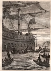 Les indigènes tenant des branches de bananiers en main : voyage de Samuel Wallis (1728-1795) en Polynésie - illustration tirée de "Les grands marins du XVIIIe siècle"