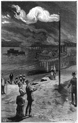 Éclairage au gaz naturel en Pennsylvanie (États-Unis), près de Pittsburgh. Gravure dans «La Nature. Revue des sciences et de ses applications aux arts et à l
