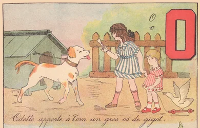 Odette apporte à Tom un grand os de jambe, vers 1920