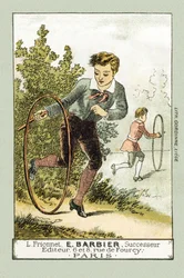 Les jours de congé, Léon et Lucien jouent au cerceau - dans « Alphabet des petits savants », fin 19e siècle (chromolithographie)