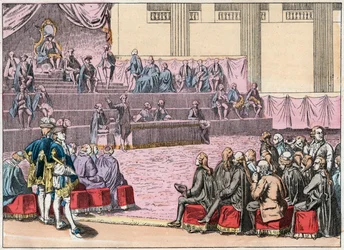Ouverture des États généraux à Versailles le 5 mai 1789 réunissant les Trois Ordres (le Clergé, la Noblesse et le Tiers État) - Ouverture des États généraux, 5 mai 1789 - Gravure de la fin du XIXe siècle dans « Nos Gires Nationales »