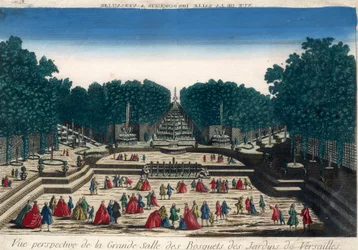 Vue optique : Vue en perspective de la grande salle des bosquets des jardins de Versailles. Gravure du XVIIIe siècle.