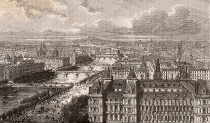 Paris - la Seine - les Ponts - vue prise de la tour Saint-Gervais - gravure dans «La France illustrée: géographie, histoire, administration statistique» par V.-A. Malt-Brown. 1884