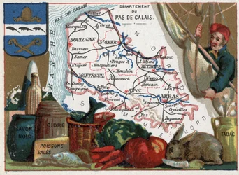 Pas-de-Calais (62), Nord-Pas-de-Calais, France. Spécialités locales : savon noir, poisson sale, cidre et tabac. Série sur les départements français. Chromolithographie (chromo) « le fil géographique », vers 1920. Collection privée.