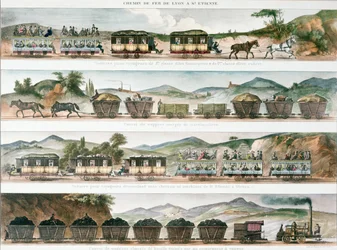 Passagers et marchandises sur la première ligne française ouverte entre Lyon et Saint-Étienne, 1829 (lithographie en couleur)