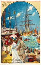 Passagers embarquant sur un navire de la ligne Austrian Lloyd au port de Suez, Égypte