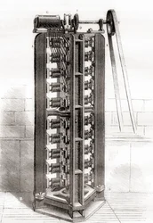 Moteur électro vertical de Paul-Gustave Froment, vers 1844, de Les Merveilles de la Science, publié vers 1870
