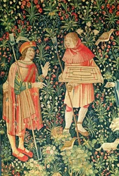 Paysanne portant un plateau de jeu de marelle, de Jeu de Marelle et Cueillette de Fruits, Atelier de la Loire, 1510