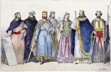 Pharamond, Clodion, Mérovée, Childéric, Clotilde, Clovis Ier et Childebert Ier - dans «La monarchie française en estampes»