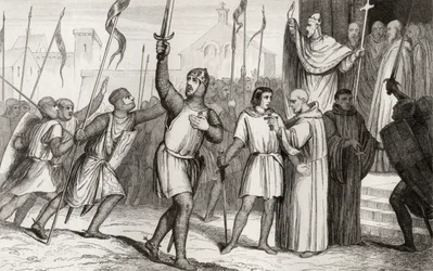 Philippe I (1052-1108) et le pape Urbain II (c.1035-99) rallient des partisans pour la Première Croisade en 1095, de 