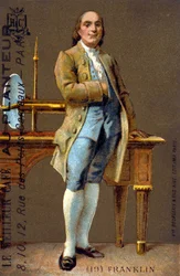 Portrait en pied de Benjamin Franklin, homme politique et physicien américain (1706-1790) - chromo., début XXe siècle