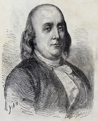 Portrait de Benjamin Franklin (1706 - 1790), homme politique américain, mémorialiste, pamphlétaire et physicien - dans "Album de la Science; savants illustres; Grandes découvertes" 1896.