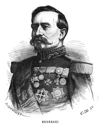 Portrait de Charles Denis Bourbaki (1816-1897), officier français. Gravure dans "Les Illustrations de l