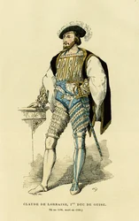 Portrait de Claude de Lorraine (1496-1550), premier duc de Guise. Gravure en couleur, dans « La France et les Français à travers les siècles » par Augustin Challamel, éditeur F. Roy, Paris 1882. Collection Selva.