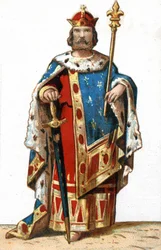 Portrait de Hugues I Capet (v. 941-996), Duc de France puis Roi de France. Chromolithographie de la fin du 19e siècle