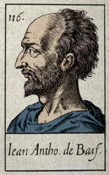 Portrait de Jean Antoine de Baïf (1532-1589), poète français membre du mouvement de la Pléiade. Gravure du 19ème siècle
